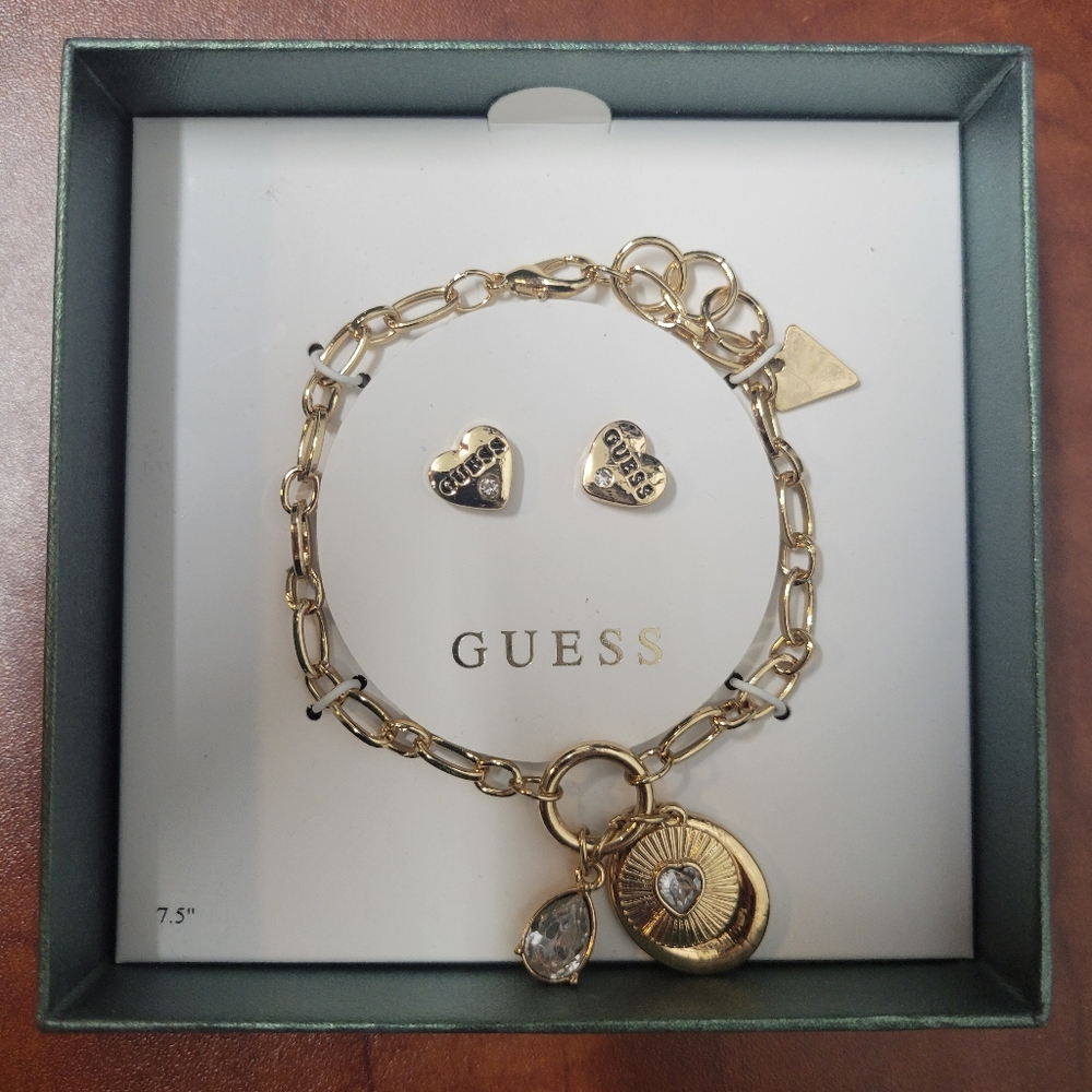 Guess Gold Charm Bracelet with Heart Earrings NIB
